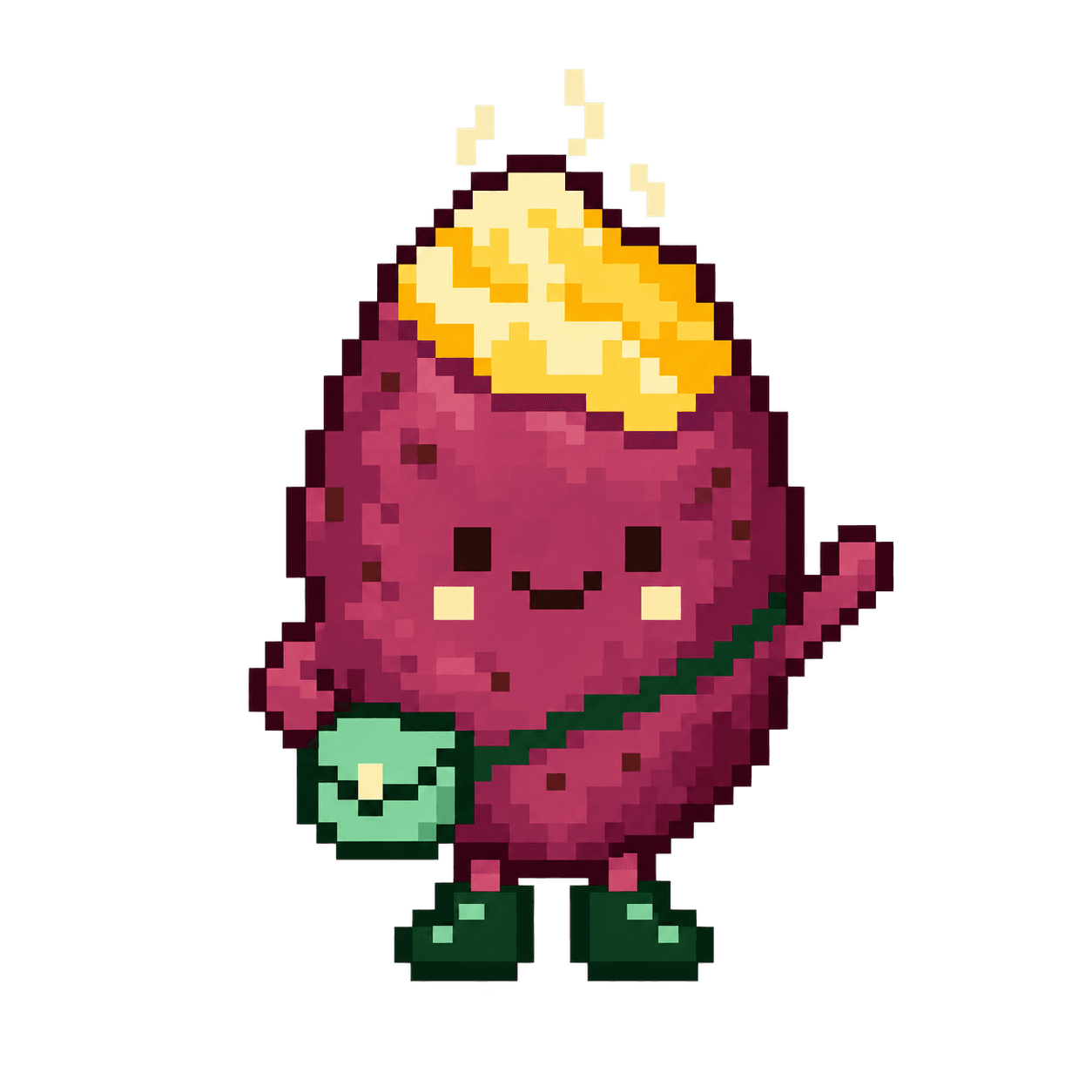紫色の皮が特徴の、親しみやすいさつまいもの仲間のドット絵。